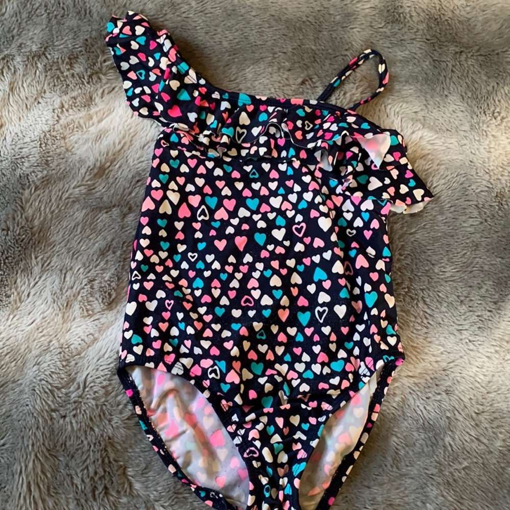 Navy One Piece Bathing Suit w/ Multicolor Hearts